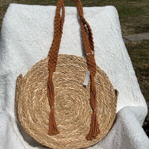 Woven Straw Circle Bag with Tan Handles